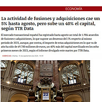 La actividad de fusiones y adquisiciones cae un 5% hasta agosto, pero sube un 40% el capital, segn TTR Data